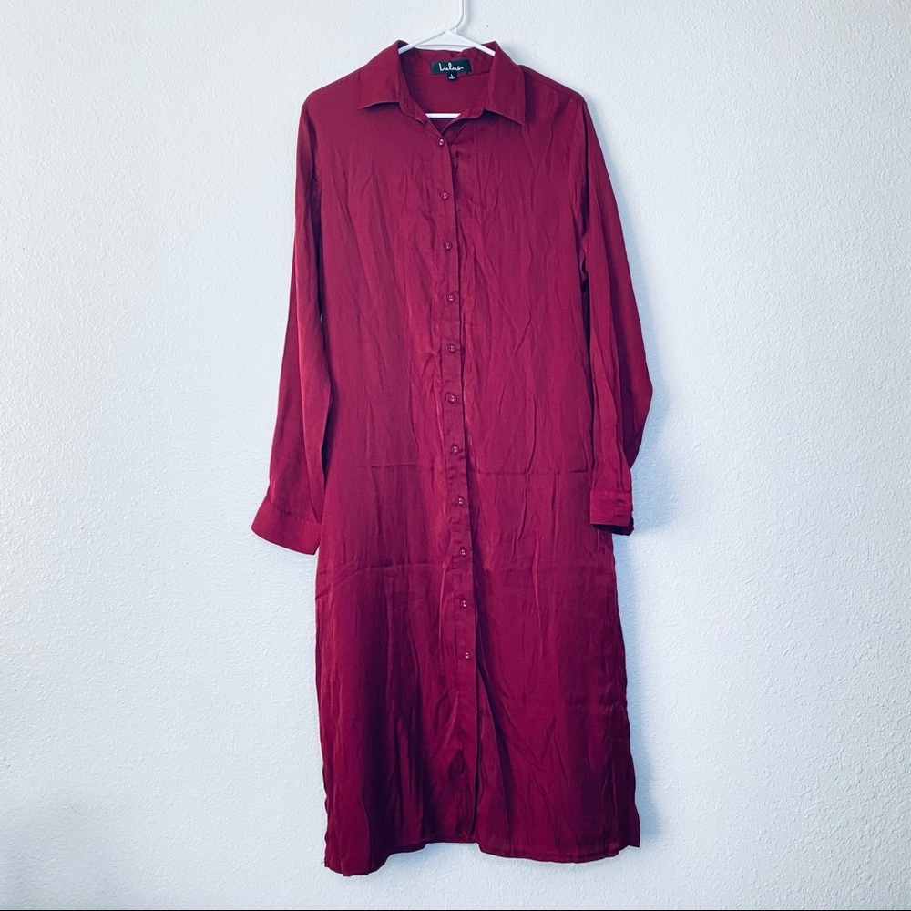 🍓 Lulu’s Nine To Thrive Burgundy Long Sleeve Midi Shirt Pockets Dress Large